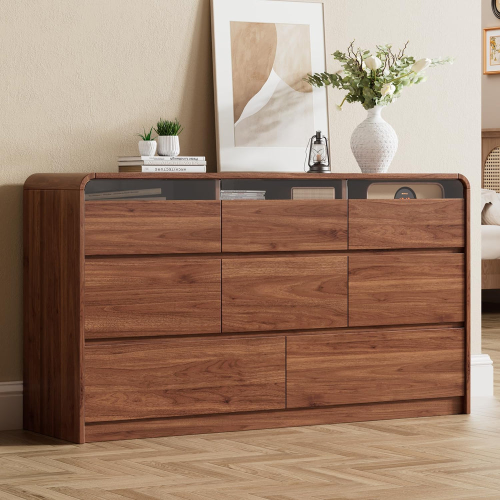 Ieejdn 47.2" Dresser with 6 Drawer, Wide Dresser with Recessed Glass Dis...