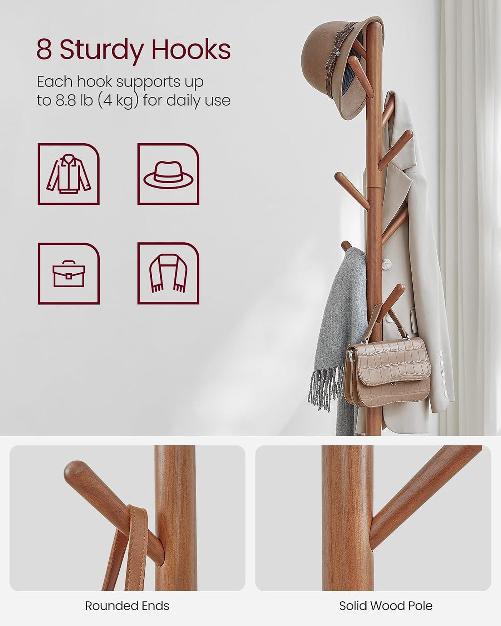 VASAGLE Coat Rack, Free Standing Coat Stand, Hall Coat Tree with 8 Hooks and ...