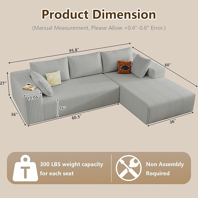 96" Modular Sectional Couch, Boneless L Shaped Cloud Sofa with Chaise Lo...