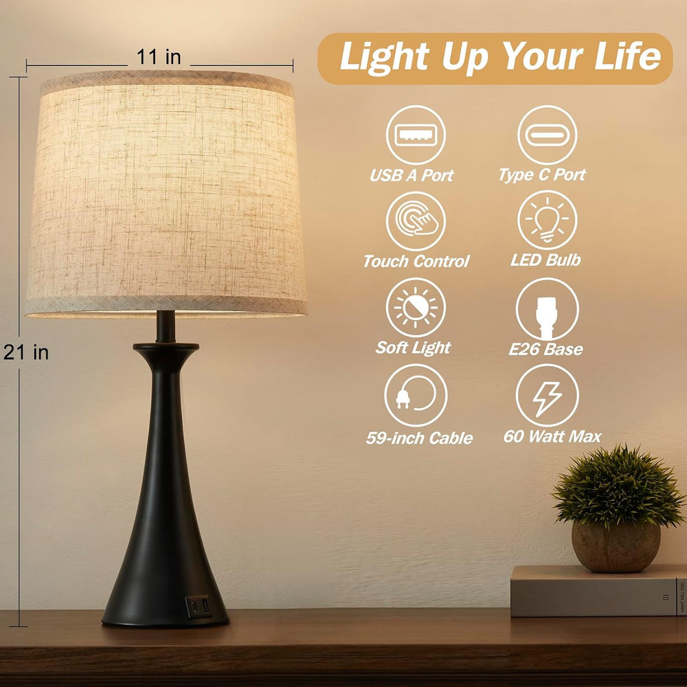 Touch Table Lamps Set of 2, 21" Bedside Lamps with USB C+A, Black