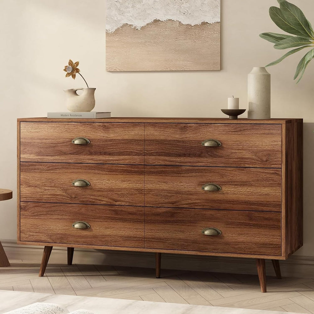 Walnut 6 Drawer Dresser for Bedroom, 47" Wood Dresser with Gold Handles.