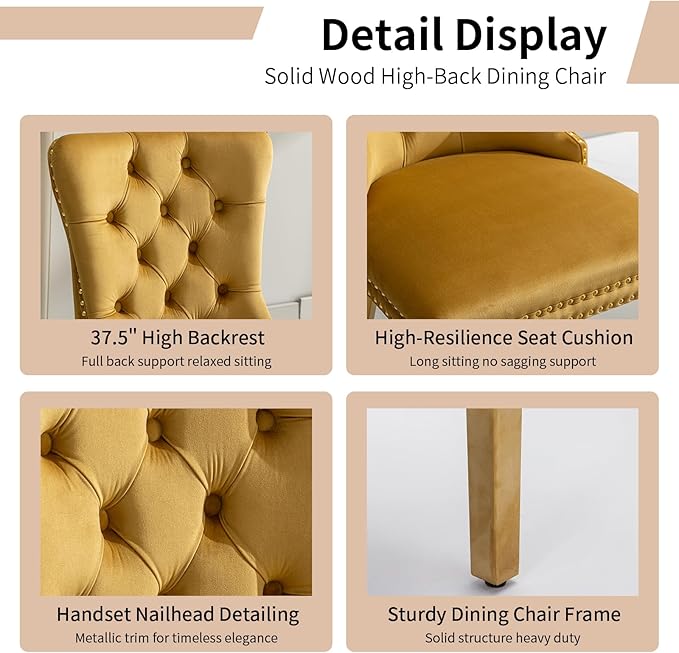 Luxury Upholstered Dining Chairs Set of 2, Yellow Kitchen Chair with Golden M...