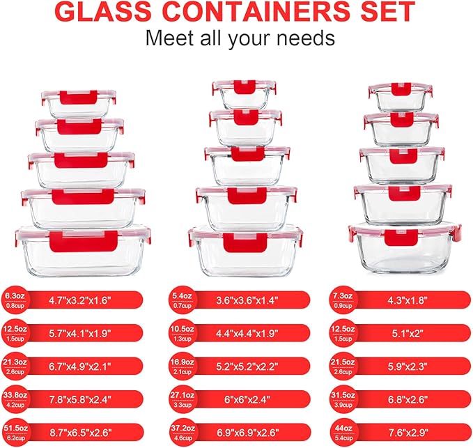 KOMUEE 30 Pieces Glass Food Storage Containers Set, Meal Prep Containers Set