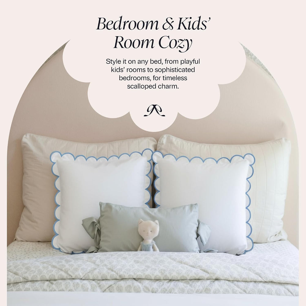 BEBE BASK Scalloped Pillow Cover Set of 2, 18x18, 100% Cotton - White/Blue