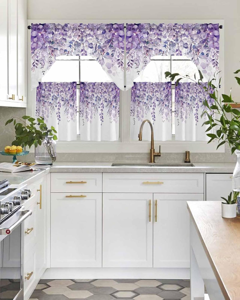 Spring Botanical Swag Curtains Valance and Tier Set, Purple Eucalyptus Leaves...