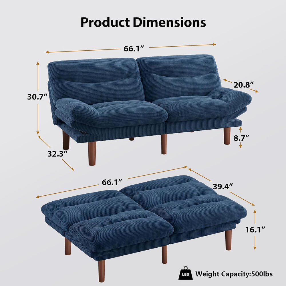 Pipishell Convertible Futon Sofa Bed, Corduroy, 66 inch, Dark Blue