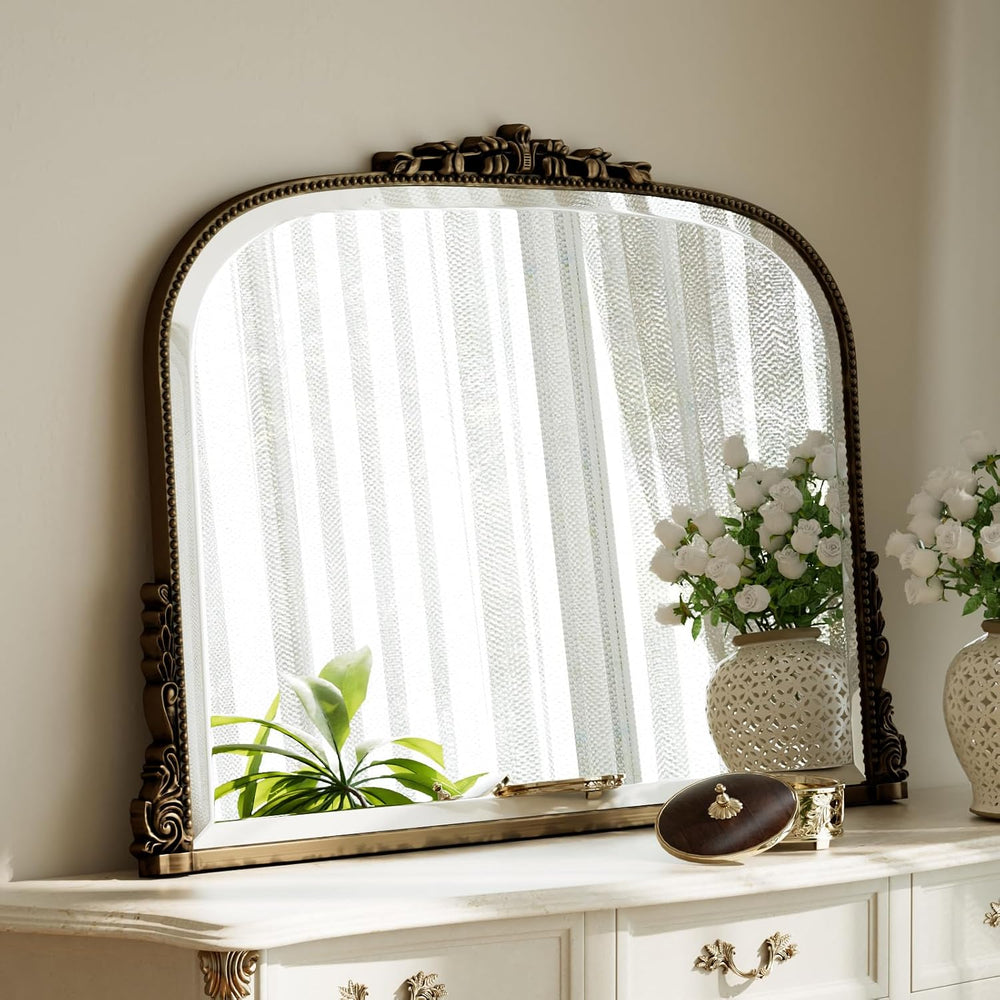 27"×36" Bronze Wide Arched Wall Mirror with Vintage Carving