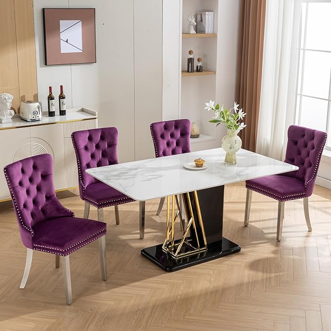 Luxury Upholstered Dining Chairs Set of 6, Purple Kitchen Chair with Silver M...
