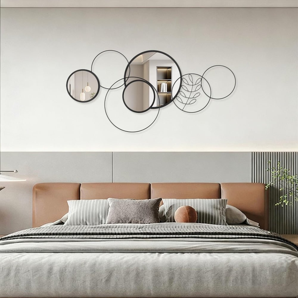 Black Round Wall Mirror Set, Metal Framed Circle Mirror Set Modern Decorative...