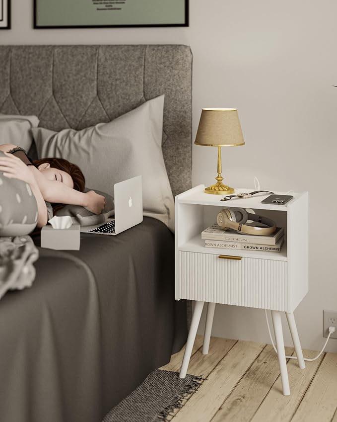 White Nightstand with Outlet,Modern Bedside Table with Storage Drawer and Ope...