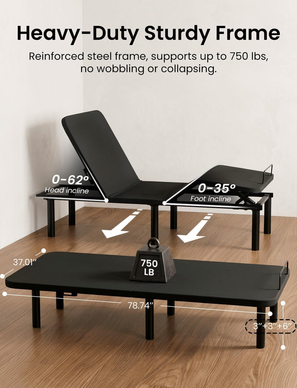 Twin XL Adjustable Bed Frame with Massage,Dual Motors Electric Bed Base