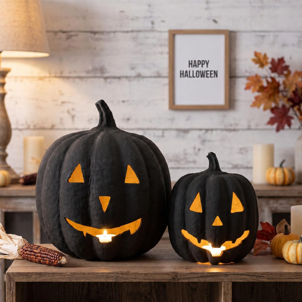 Tenceur 2 Pack Halloween Paper Mache Jack O' Lanterns Pumpkin Indoor, Black
