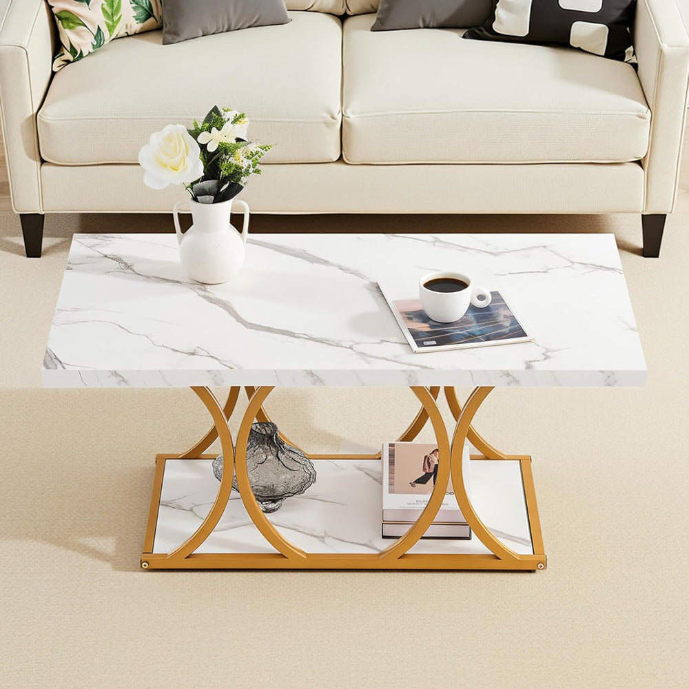 VEVOR Coffee Table, Modern Faux Marble Coffee Table, Large 2-Tier Rectangle C...