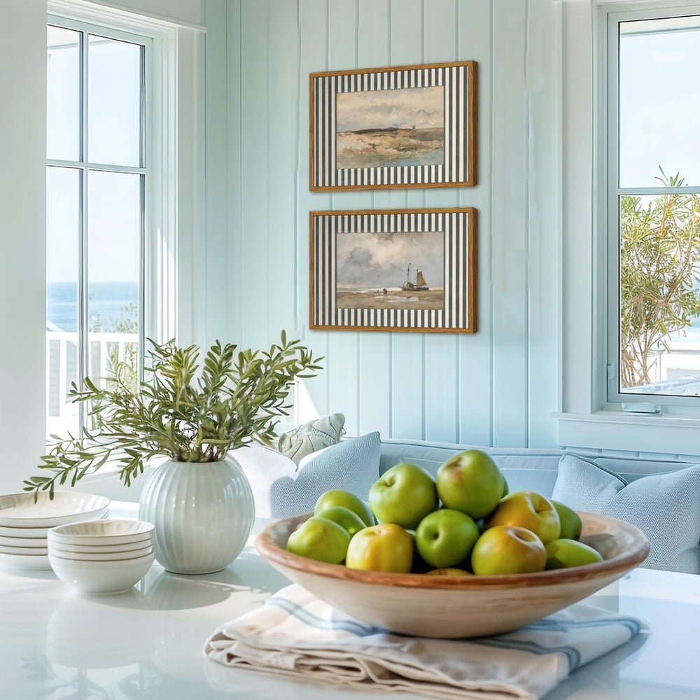 Framed Vintage Coastal Landscape Wall Art Set of 2, Retro Blue and White Stri...