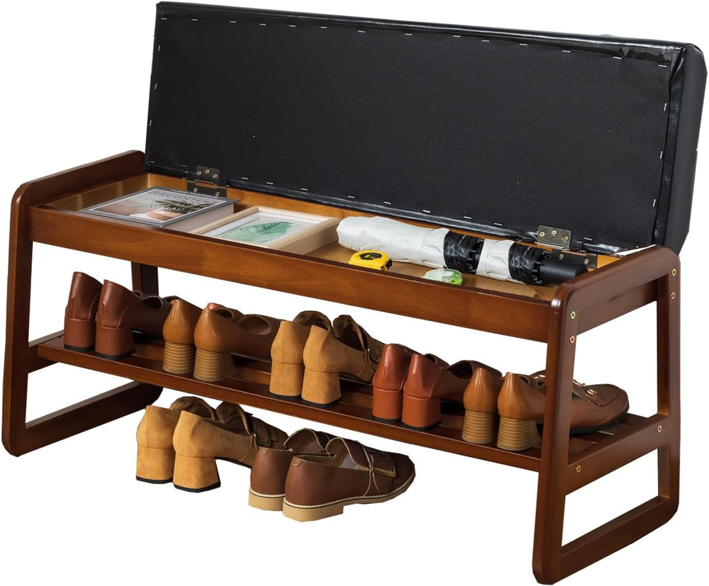 latifolia Solid Wood Bench, Entryway Shoe Bench with Cushion, Flip-Open Stora...