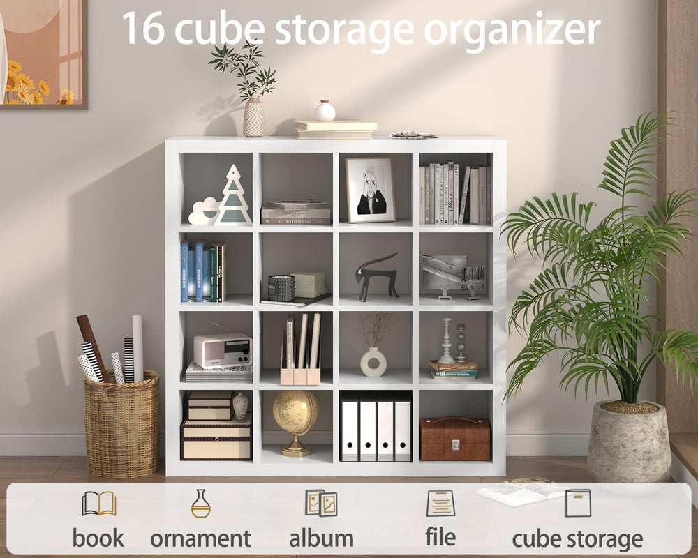 furtble Bookshelf with Storage Bins, 16-Cube Storage Organizer with Back Pane...