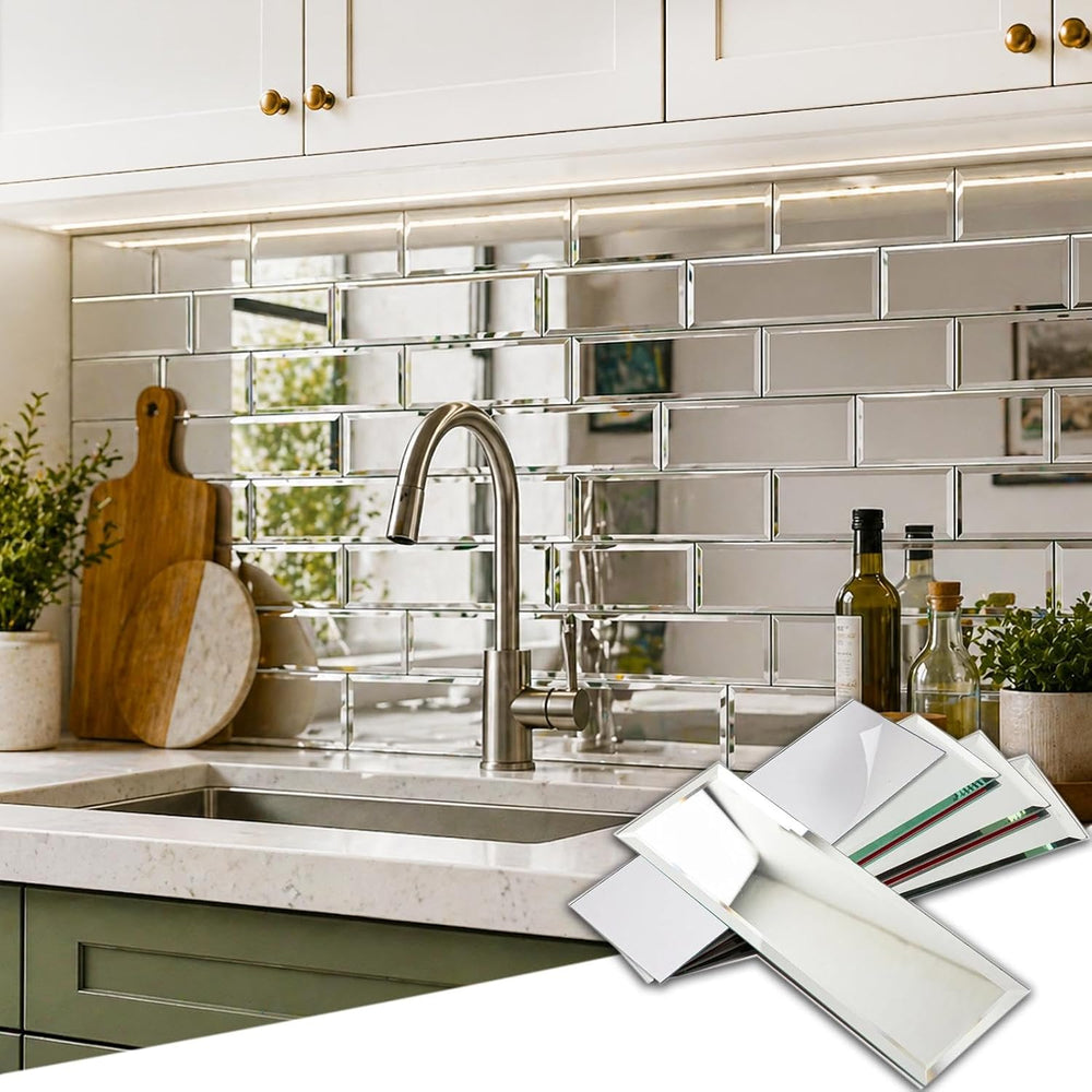 Peel and Stick Mirror Backsplash Tiles, Silver, 3x10 Inch, 5 Sq.ft