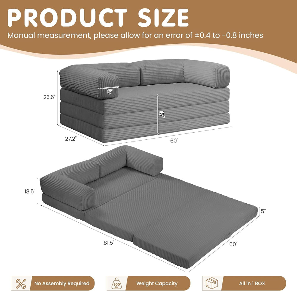 Convertible Sofa Bed,5-in-1 Tri-Fold Boneless Couch with Removable Armrests &...