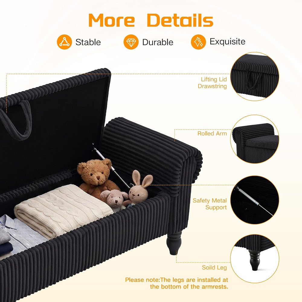 55" Storage Ottoman Bench, Corduroy End of Bed Bench for Bedroom, Black