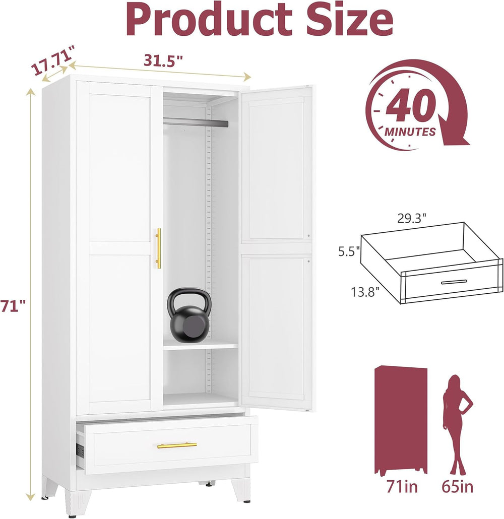 GAIOUS Metal Armoire Wardrobe Closet Cabinet with 2 Doors and Drawer, 71"