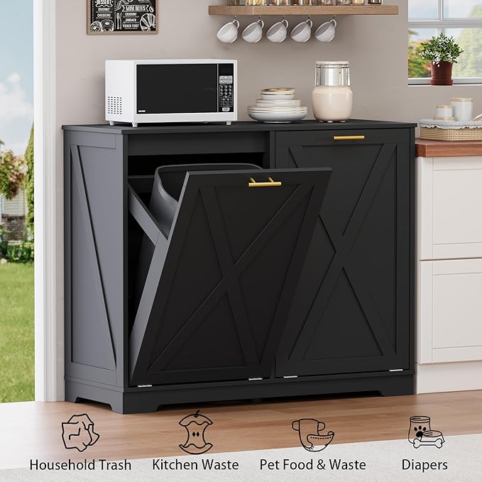 Double Tilt Out Trash Can Cabinet, Wooden Farmhouse Kitchen Garbage Bin