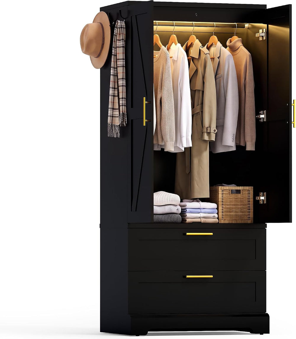 YESHOMY 70.9" Armoire Wardrobe Closet with Sensor Light, 2 Drawers (Black)