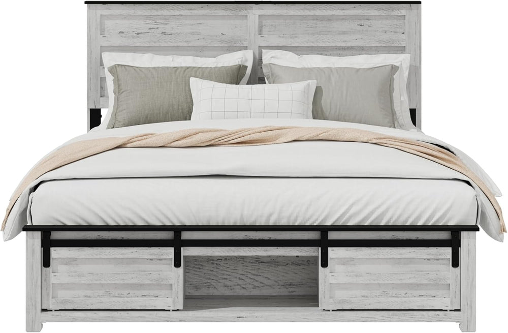 Wooden Queen Bed Frame with Headboard, Farmhouse Storage, Barn Door