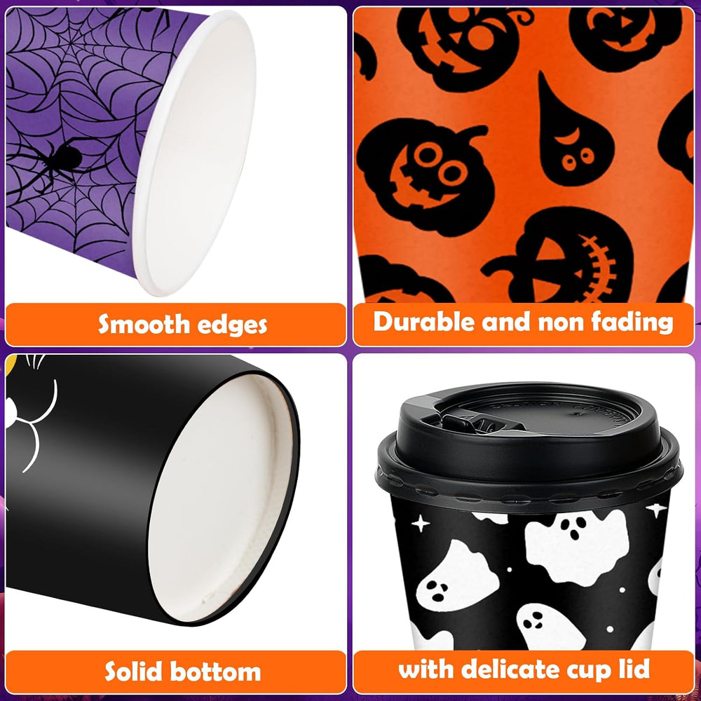 100 Set Halloween Disposable Coffee Cups with Lids 12oz, Bulk Black Orange Pu...