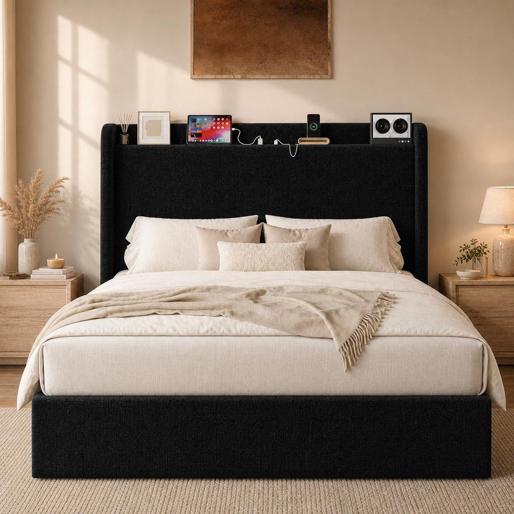 SHA CERLIN Full Size Bed Frame, Chenille Storage Headboard and USB, Black