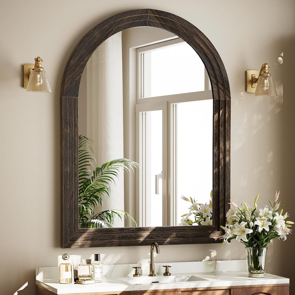 40" x 30" Solid Wood Arched Framed Bathroom Mirror, Brown
