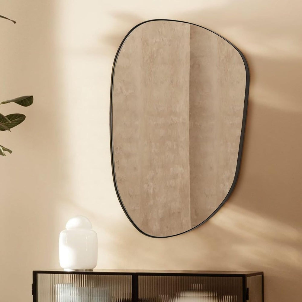 22 x 30 Black Asymmetrical Irregular Mirror Matt Black Metal Framed Accent Mi...