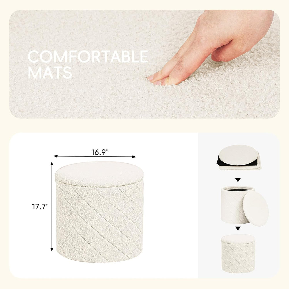 PINPLUS Ottoman with Stroage Round Boucle Ottoman and Tray Sherpa Removable F...