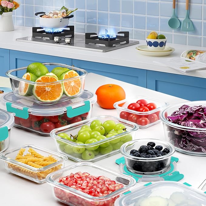 VERONES 30 Pieces Glass Meal Prep Containers Set, Stackable Glass Food Storage