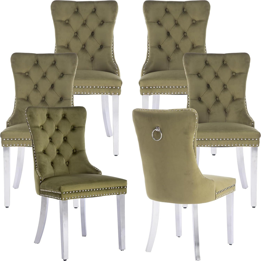 Luxury Upholstered Dining Chairs Set of 6, Olive Green Kitchen Chair with Sil...