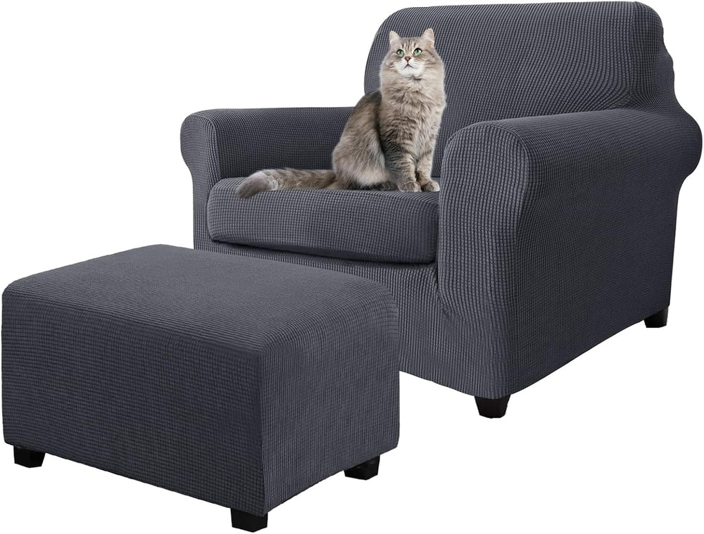 3 Piece Stretch Matching Chair and Ottoman Slipcover Set, Jacquard Arm Chair/...