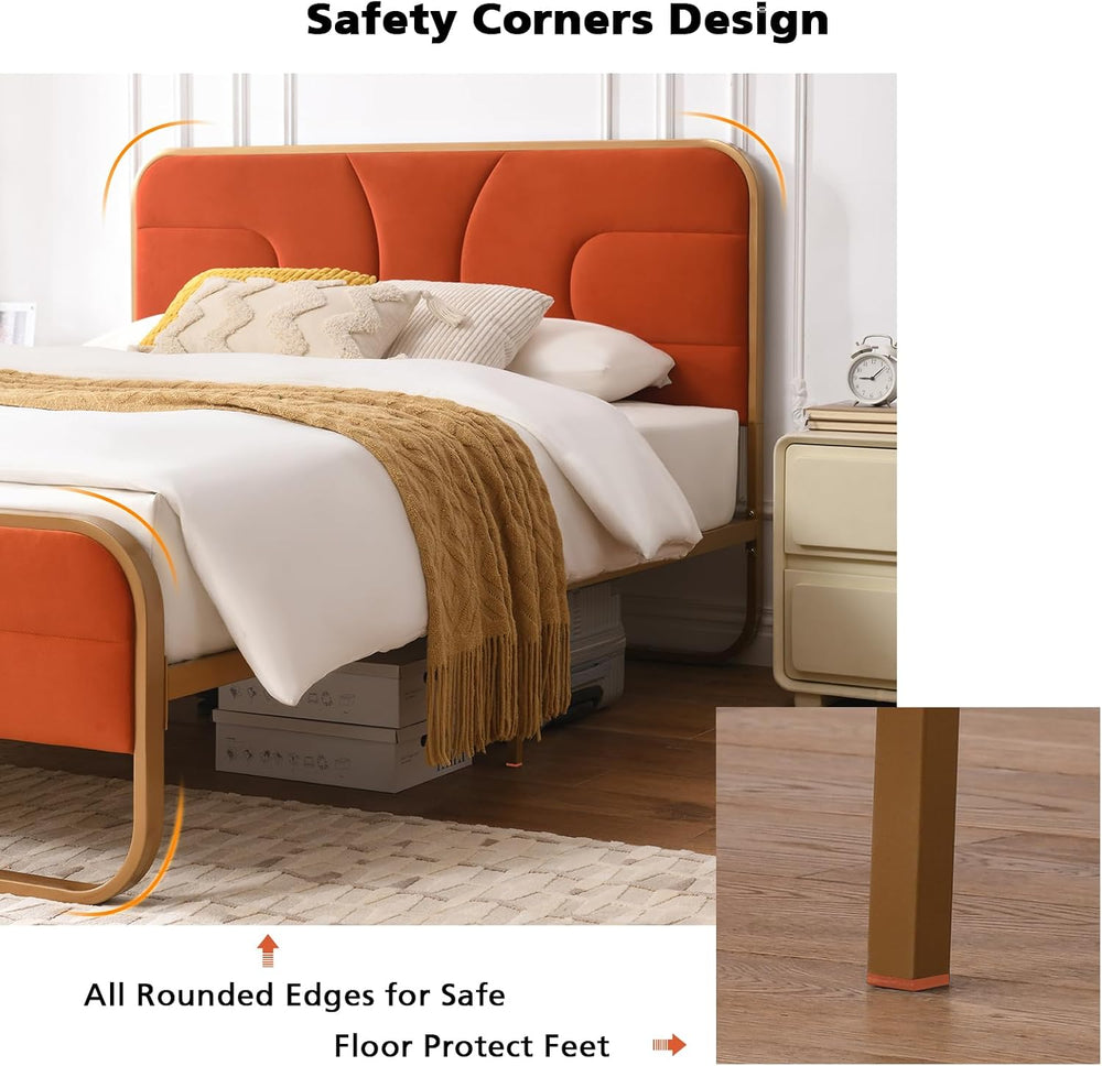 VELOCAVA Full Size Velvet Upholstered Platform Bed with Headboard, Modern Rou...