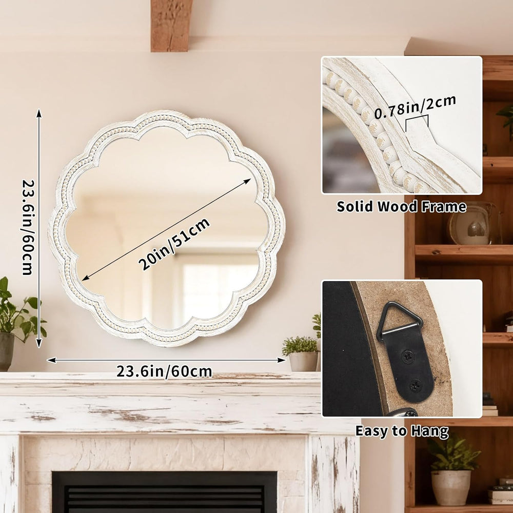 24 Inch Round Wall Mirror, Whitewashed Wooden Frame with Scalloped Edge &...