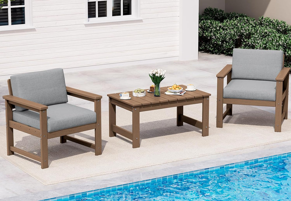 SERWALL 3 Pieces HDPE Outdoor Sofa Bistro Set with Cushions & Coffee Table