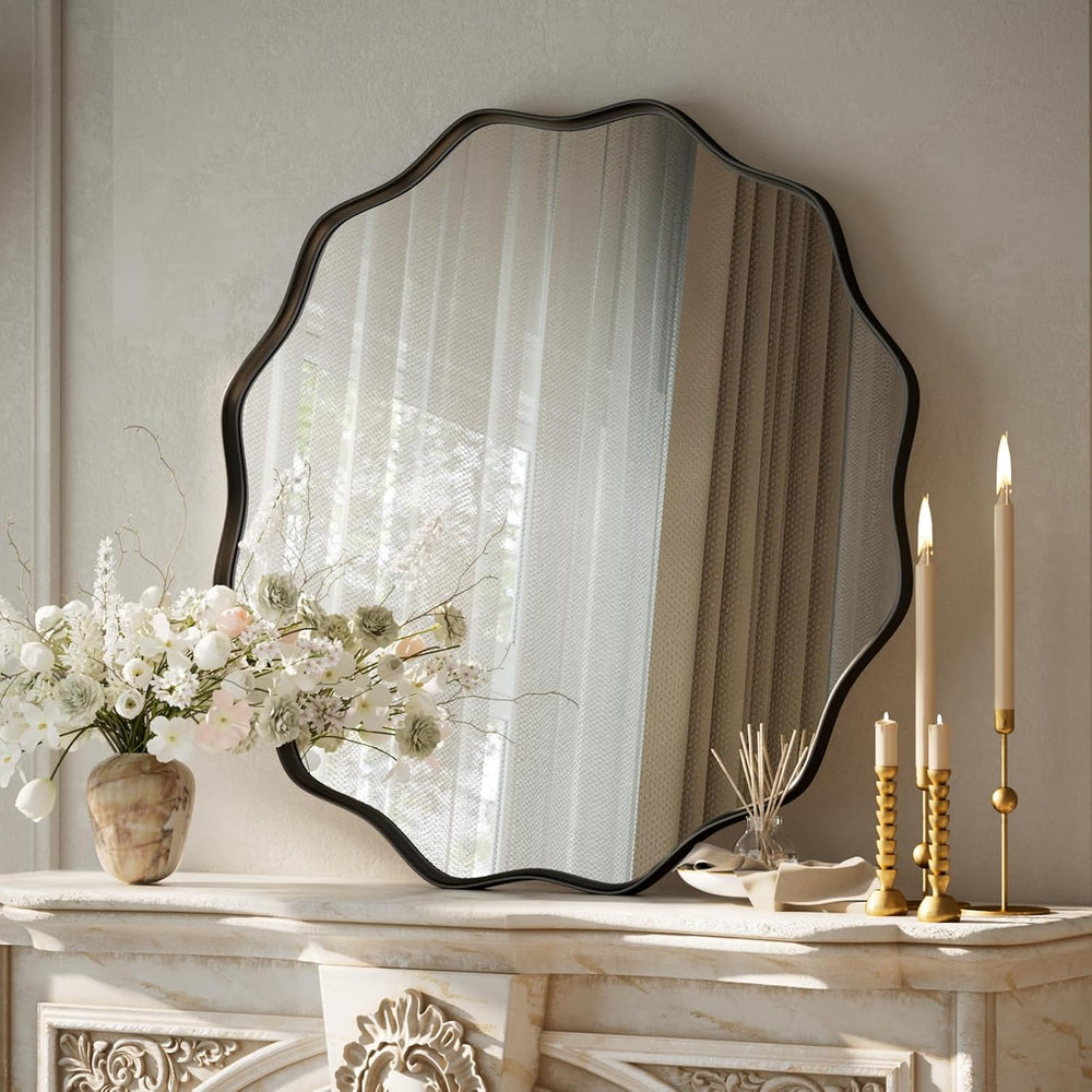 VooBang Black Scalloped Circle Mirror, 24" Wavy Edge Round Wall Mirror