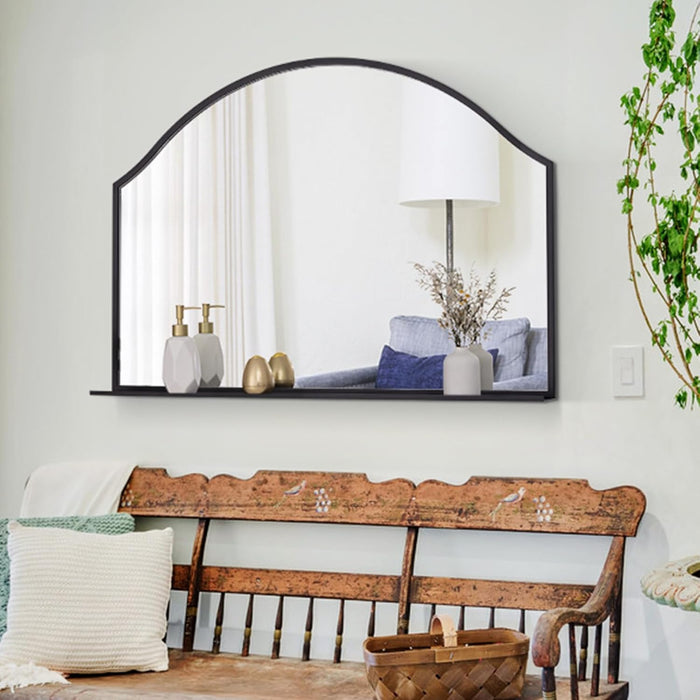 Black Mirror with Shelf, 40'' x 28'' Large Arched Mirror for Fireplace Living Room Decor, Modern Accent Mirror with Metal Frame for Dining Room, Entryway, Bathroom