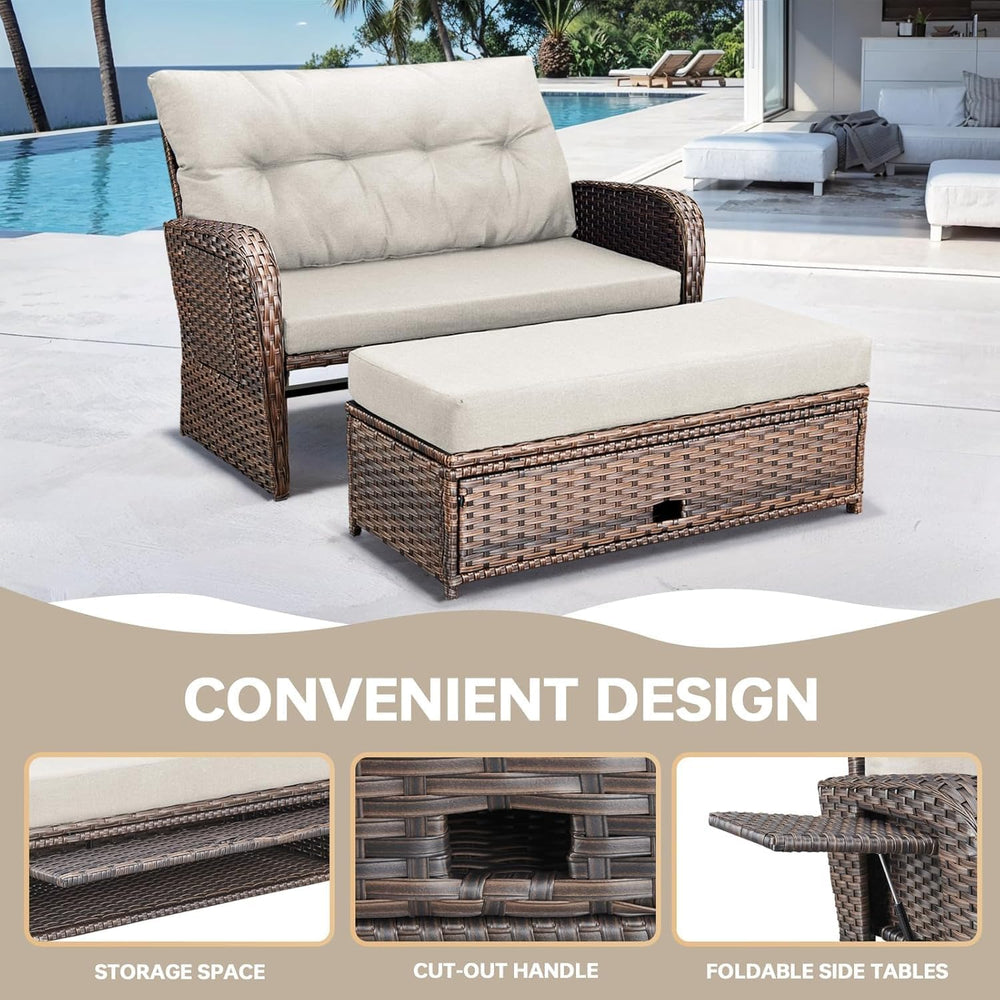 Outdoor Daybed, Patio Daybed Wicker Recliner for Two with Multifunctional Rec...