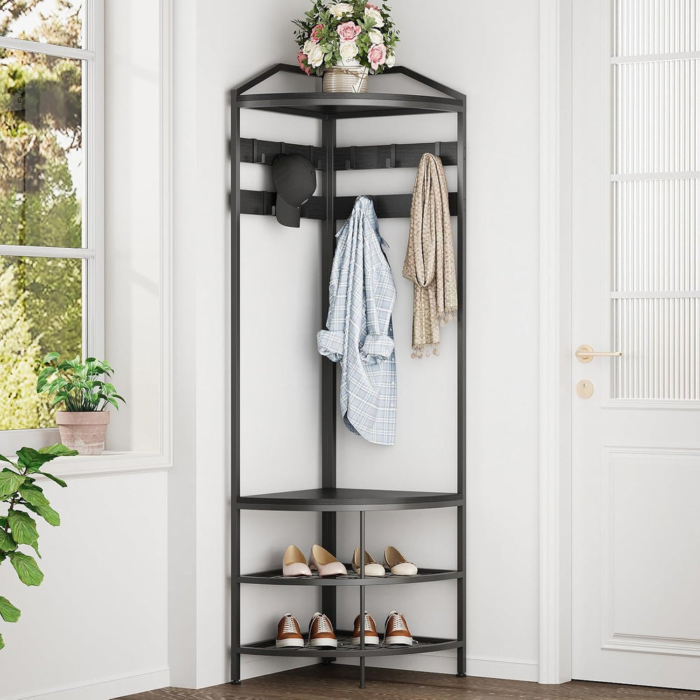 GiftGo Corner Hall Tree with Shoe Bench Entryway Coat Rack with 10 Metal Mova...