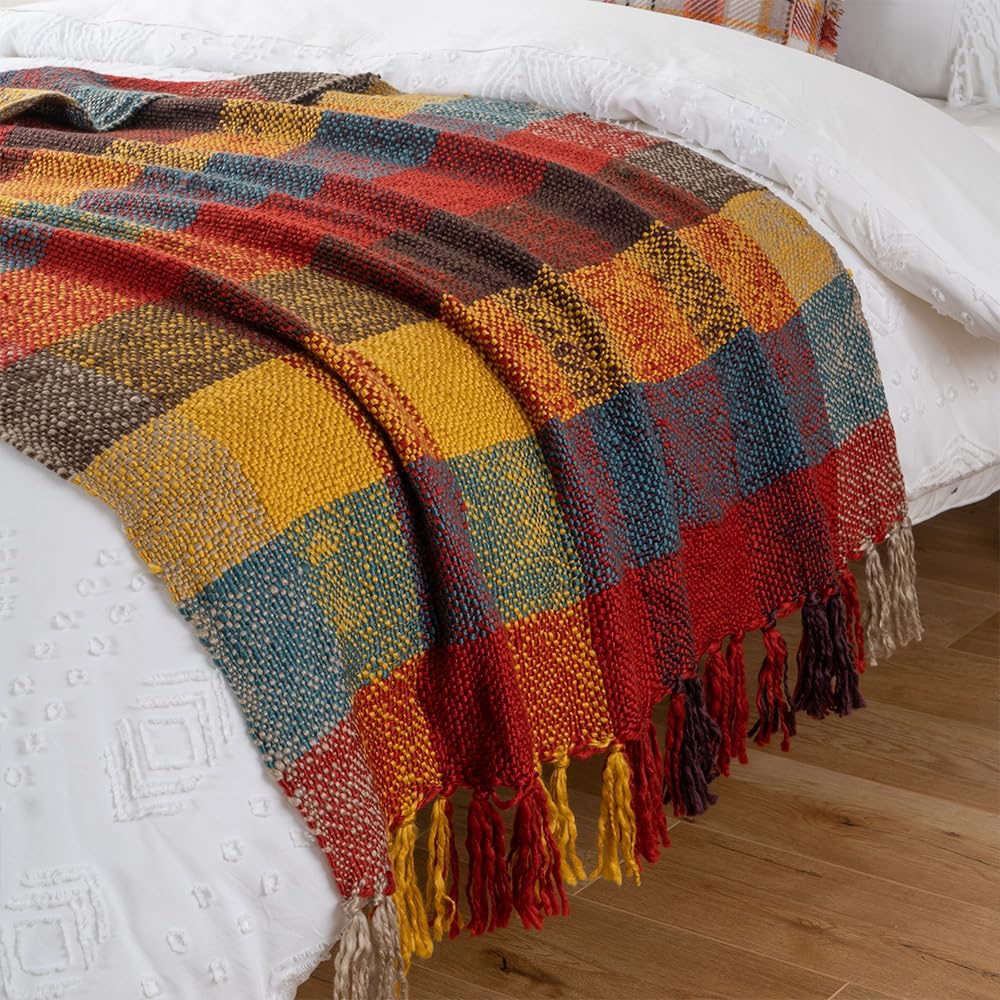 Fall Plaid Throw Blanket for Couch, Rustic Knit Throw Blanket 50"x60"