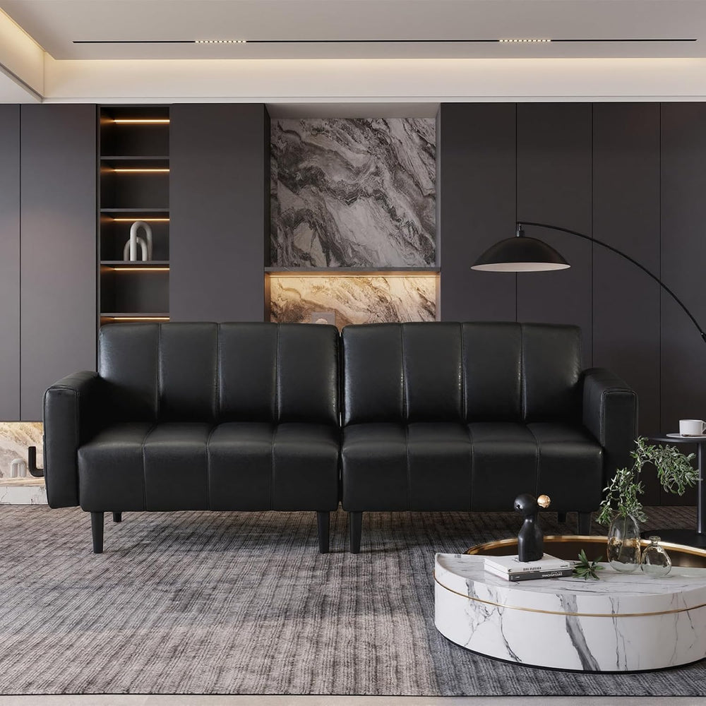 83" Faux Leather Futon Couch,Mid Century Modern Leather Sofa(Black)