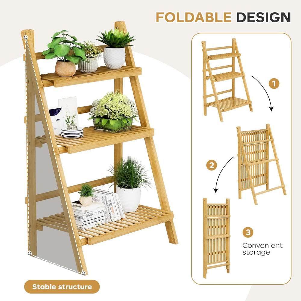 Foldable Ladder Shelf 39.4", Plant Shelf 3 Tier, Bamboo Ladder Flower Po...