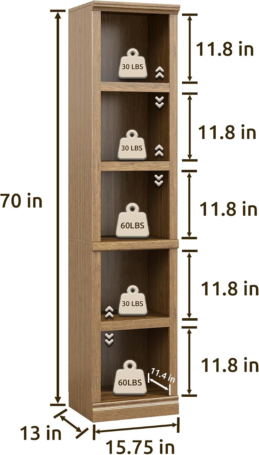 70" Tall Vintage Oak Bookcase, 5 Tiers Narrow Bookshelf for Living Room