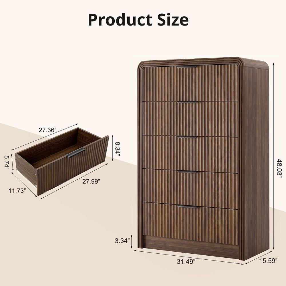 Decofy Fluted Wood Dresser 5 Drawers 48" Tall Curved Modern Chest Organizer