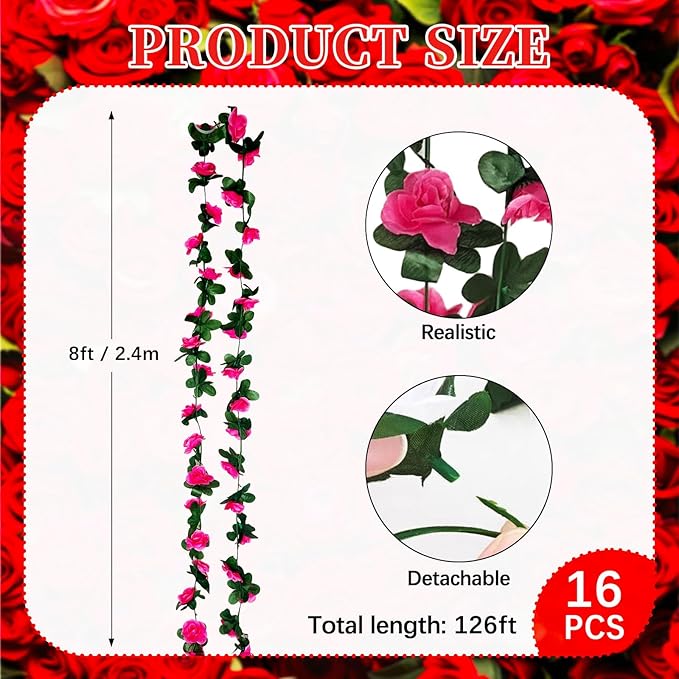 16Pcs 126Ft Fuchsia Rose Garland, Fake Rose Hanging Flowers, Artificial Flowe...