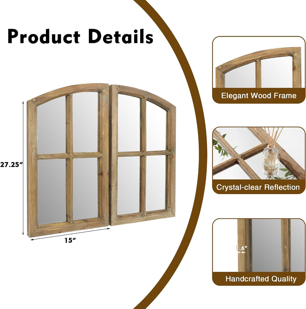 Farmhouse Arched Window Wall Mirrors with Rustic Wood Frame