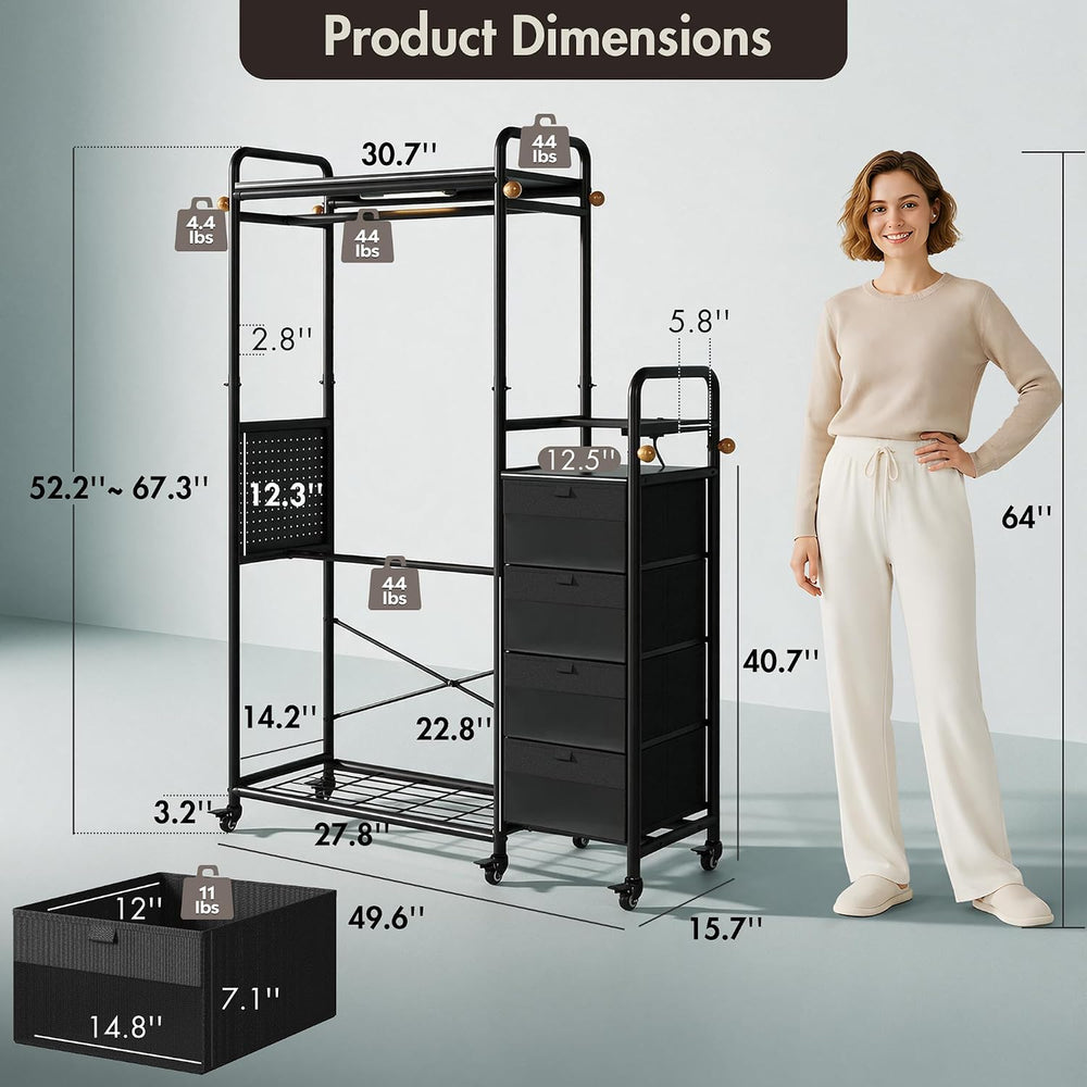 WLIVE Black Dresser with Hanging Rack, 4 Drawer Dresser for Bedroom, Closet